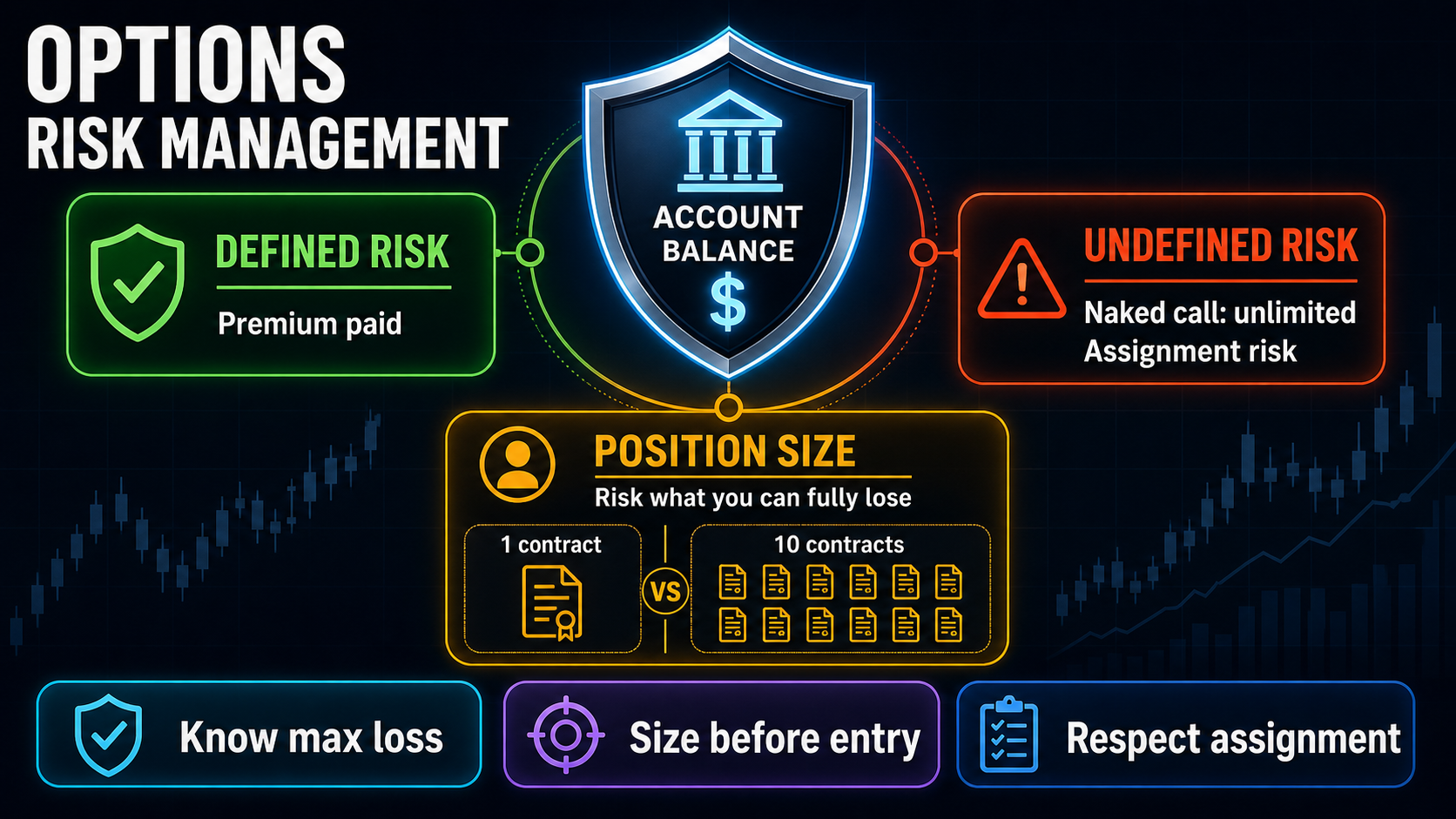 Basic Options Risk Management options education infographic explaining the key concepts and practical trading details