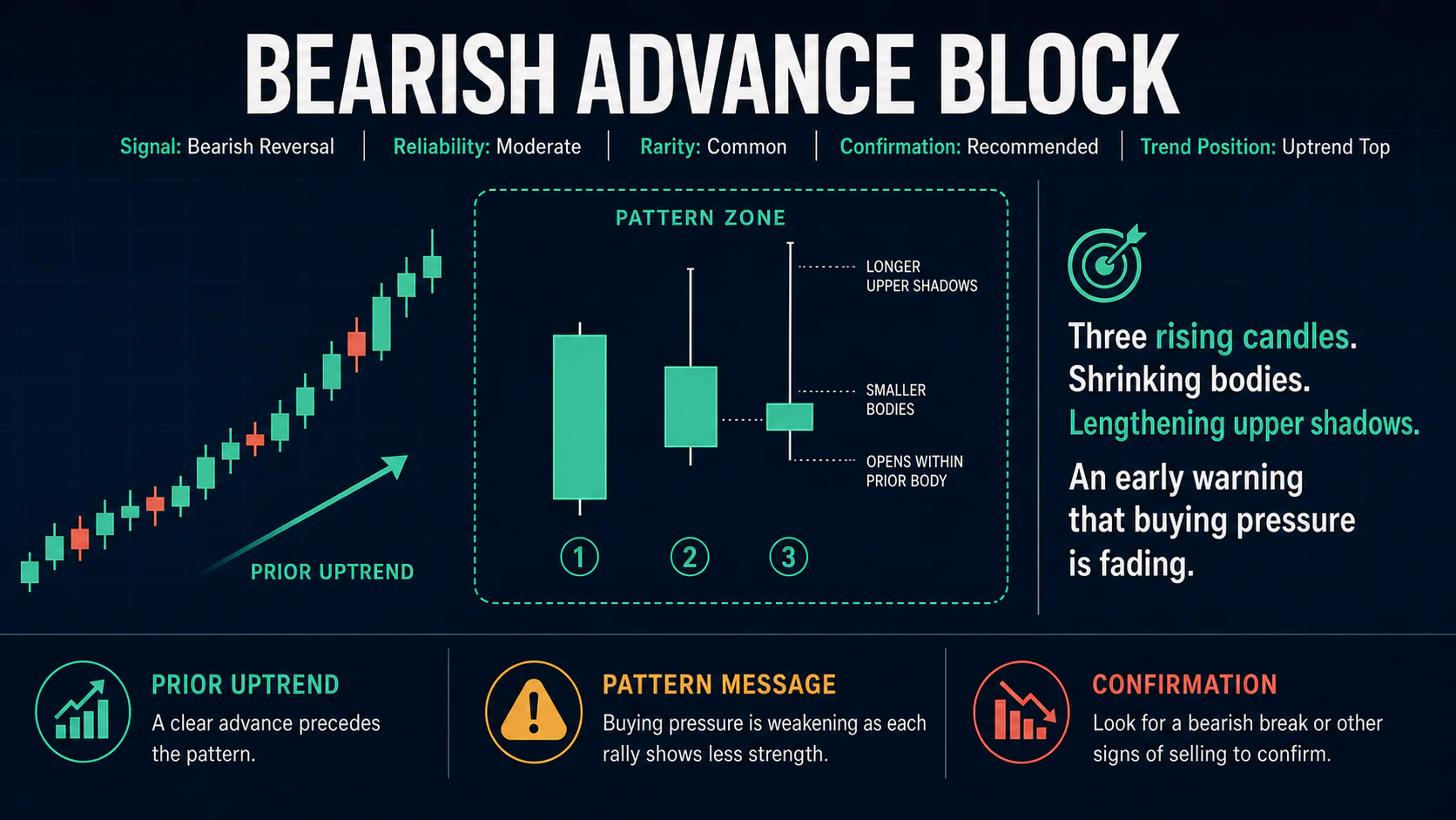 Annotated Bearish Advance Block diagram showing its required trend context and core candlestick geometry