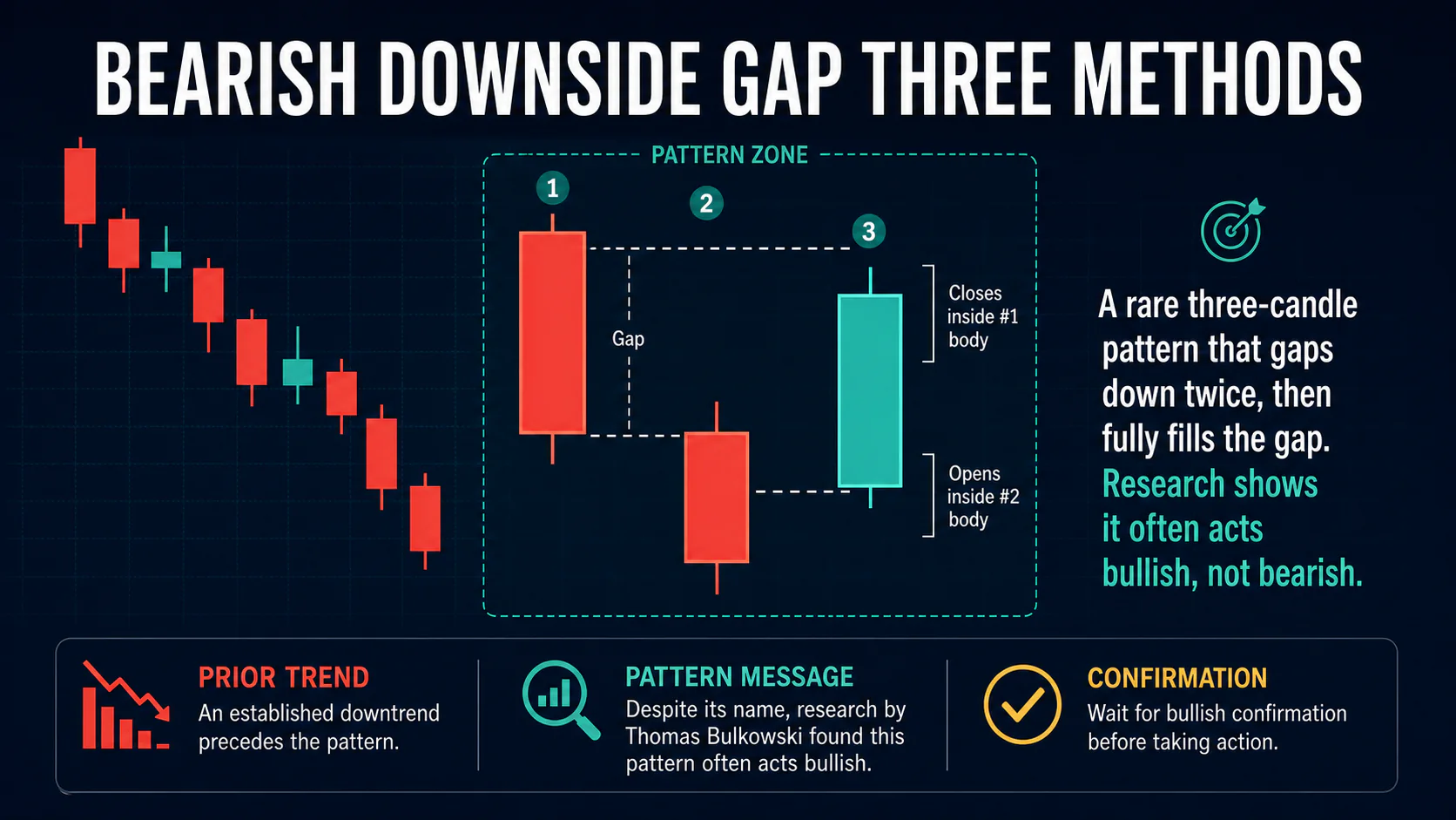 Annotated Bearish Downside Gap Three Methods diagram showing its required trend context and core candlestick geometry