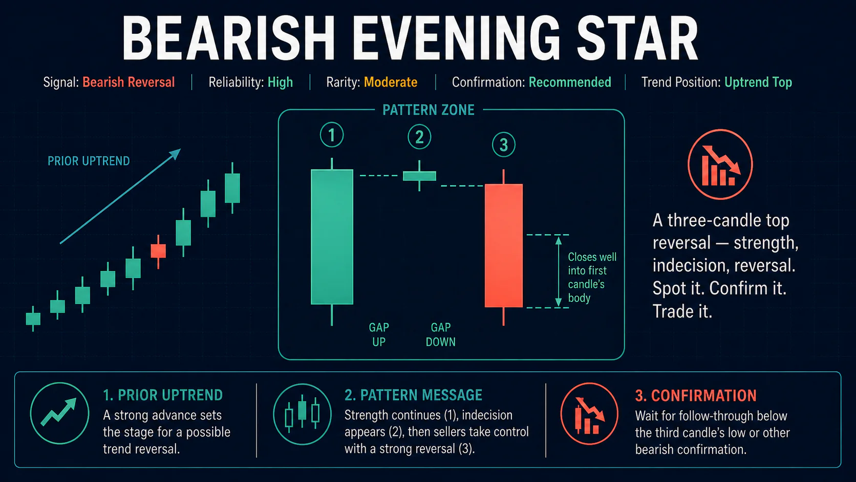 Annotated Bearish Evening Star diagram showing its required trend context and core candlestick geometry
