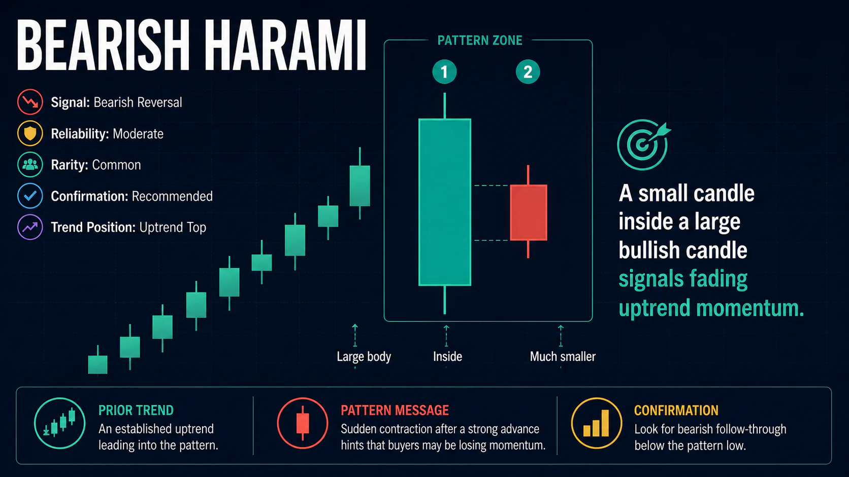 Annotated Bearish Harami diagram showing its required trend context and core candlestick geometry