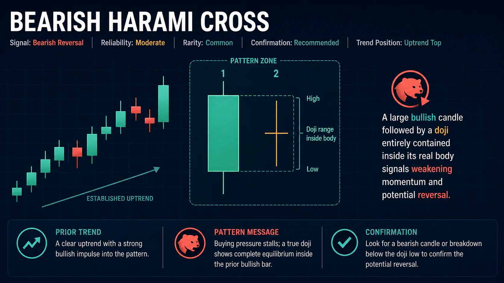 Annotated Bearish Harami Cross diagram showing its required trend context and core candlestick geometry