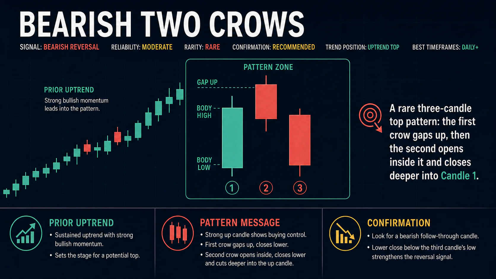 Annotated Bearish Two Crows diagram showing its required trend context and core candlestick geometry