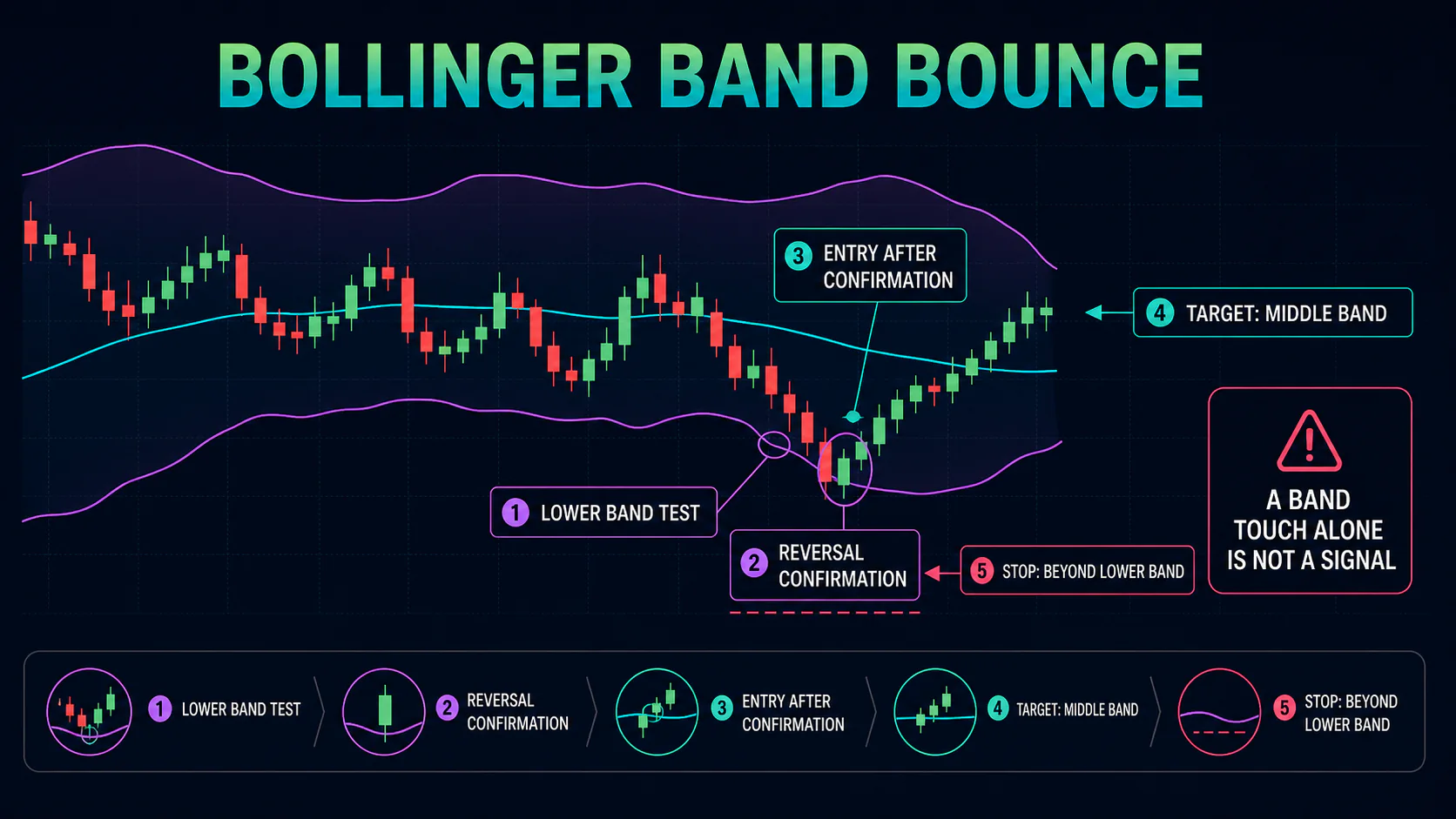 Annotated lower Bollinger Band bounce example showing confirmation, entry, middle-band target, and stop placement