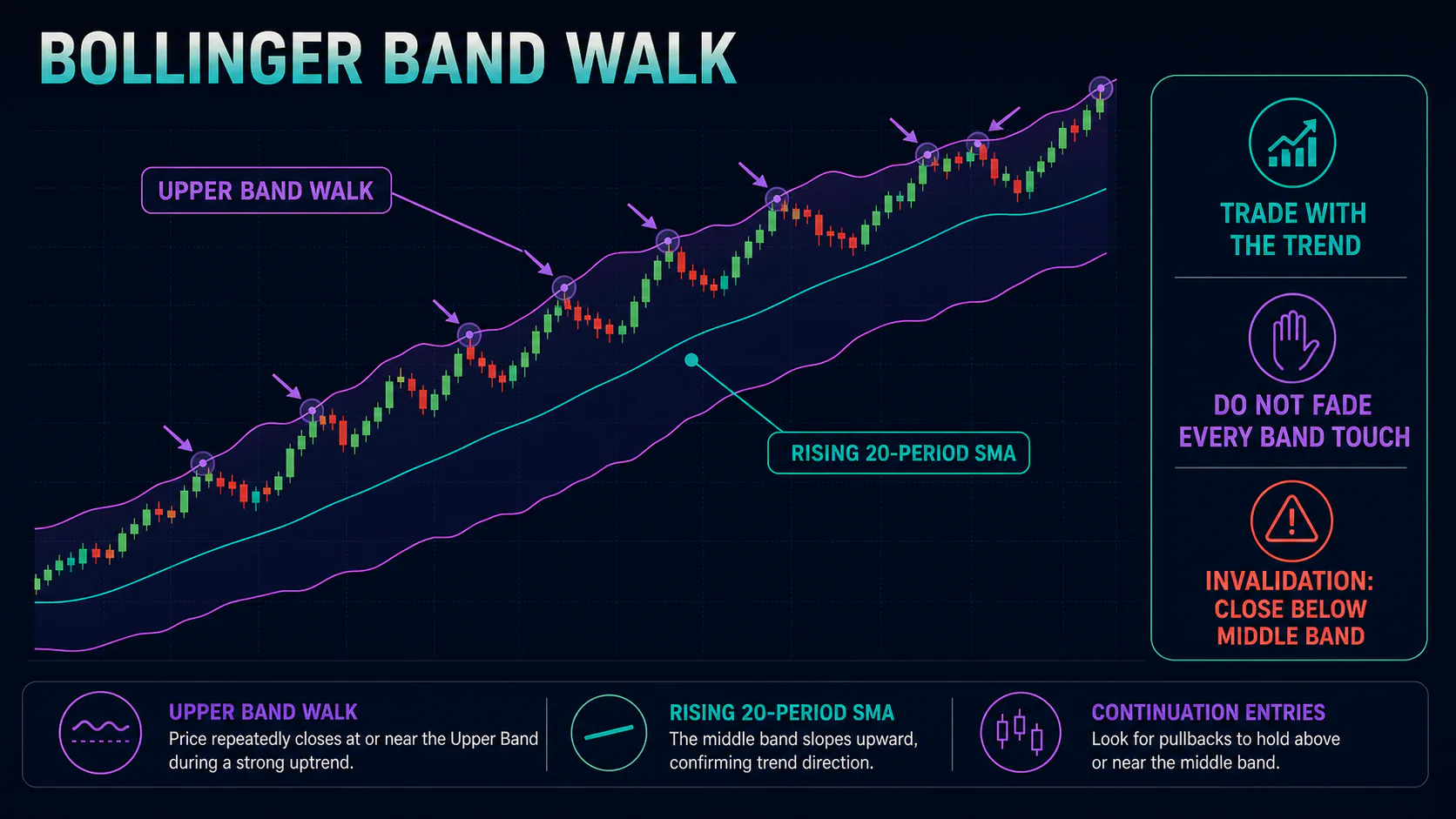 Annotated upper Bollinger Band walk showing repeated closes near the upper band, a rising middle band, and trend invalidation