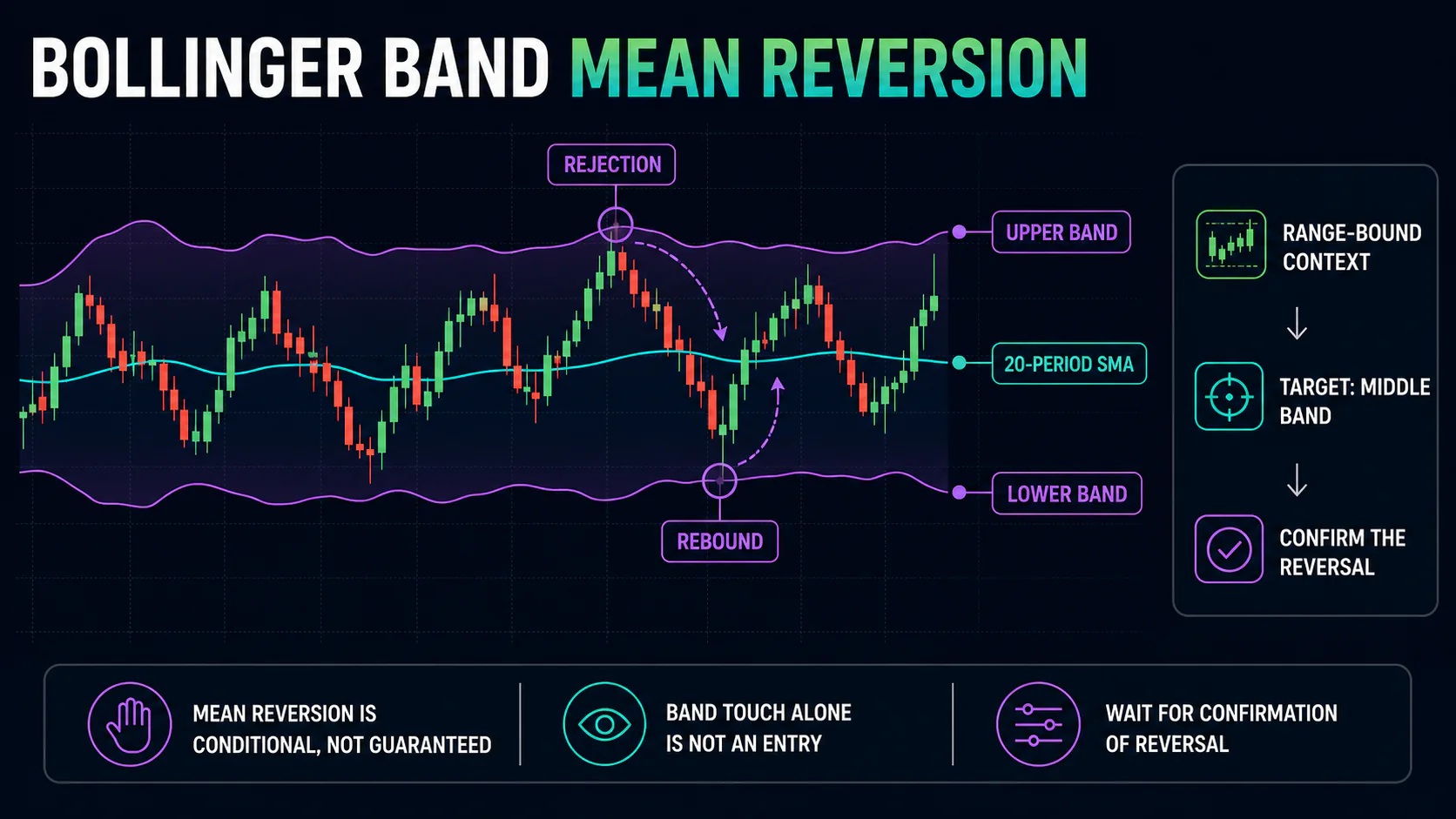 Annotated Bollinger Bands mean-reversion diagram showing upper- and lower-band reversals targeting the middle band