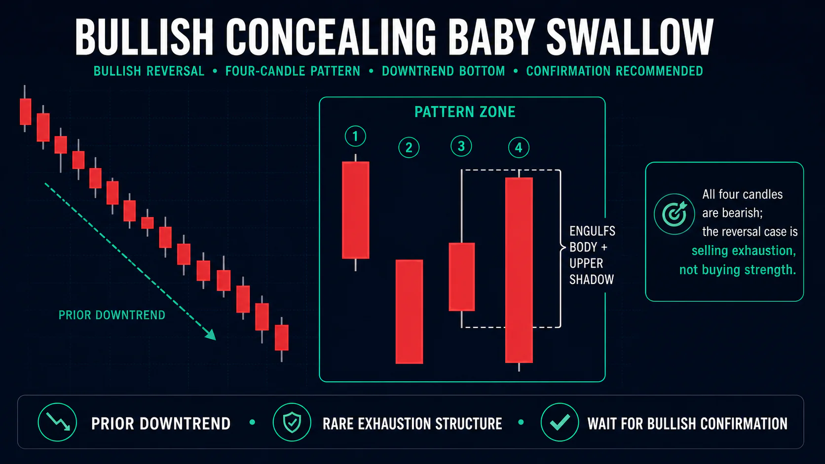 Annotated Bullish Concealing Baby Swallow diagram showing its required trend context and core candlestick geometry