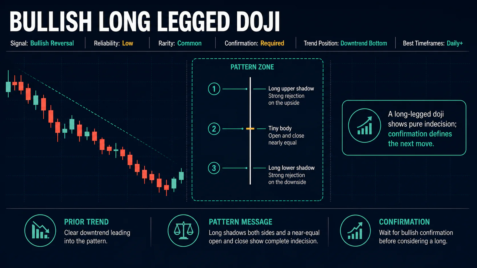 Annotated Bullish Long Legged Doji diagram showing its required trend context and core candlestick geometry