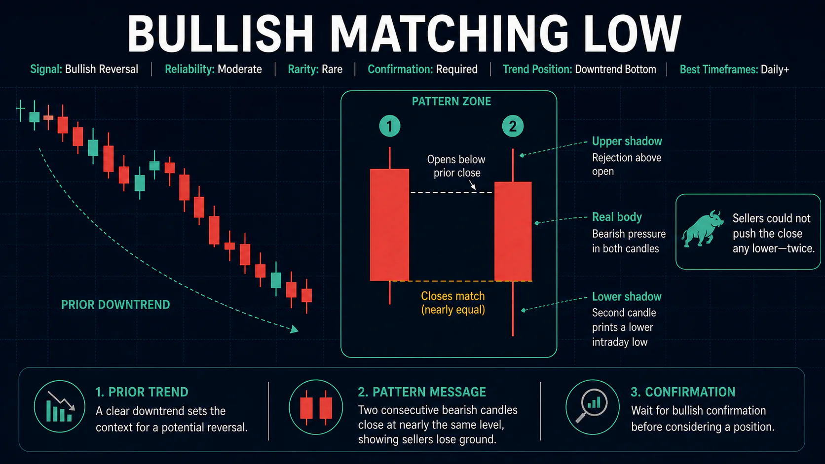 Annotated Bullish Matching Low diagram showing its required trend context and core candlestick geometry