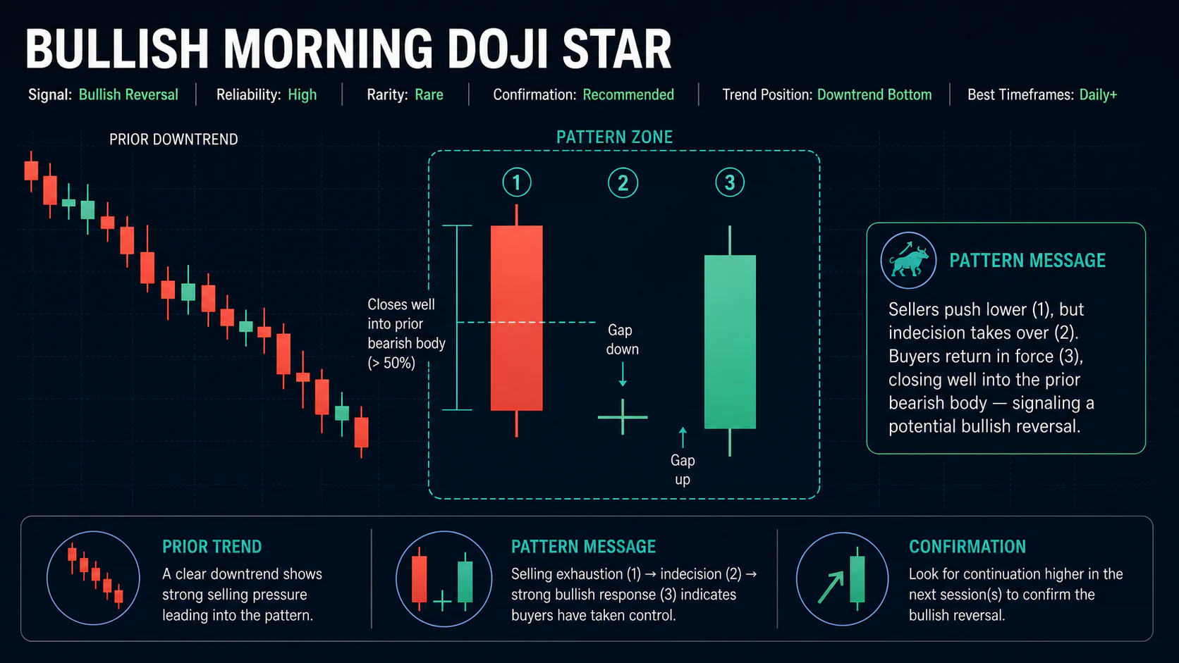 Annotated Bullish Morning Doji Star diagram showing its required trend context and core candlestick geometry