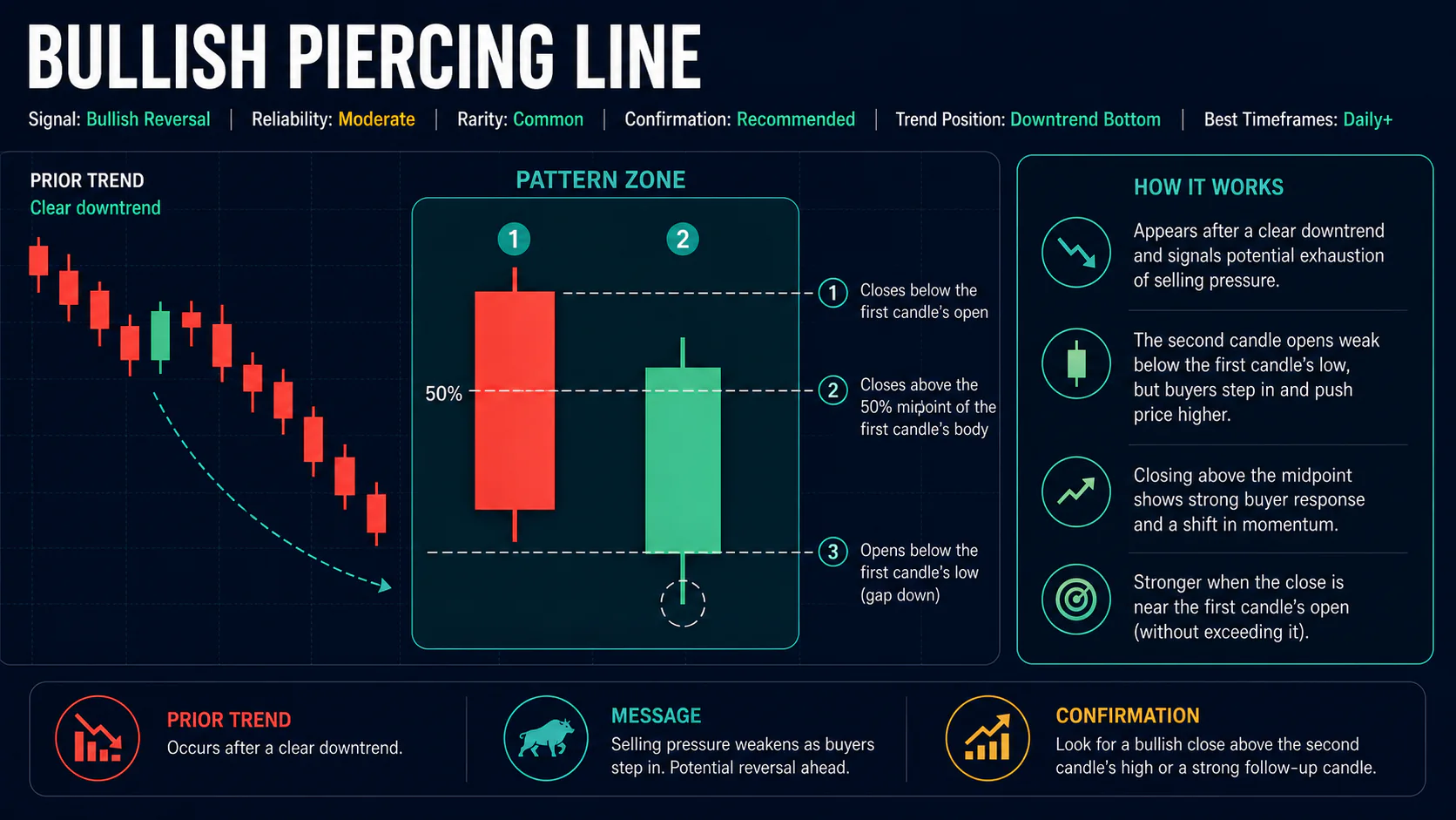 Annotated Bullish Piercing Line diagram showing its required trend context and core candlestick geometry