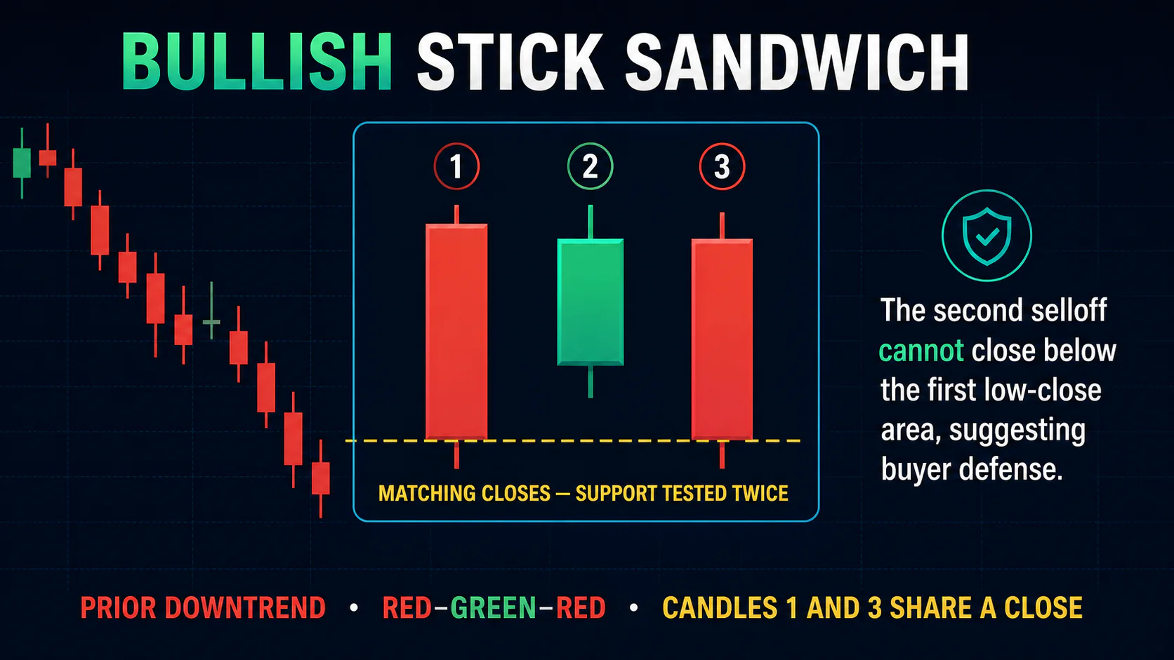 Annotated Bullish Stick Sandwich diagram showing its required trend context and core candlestick geometry