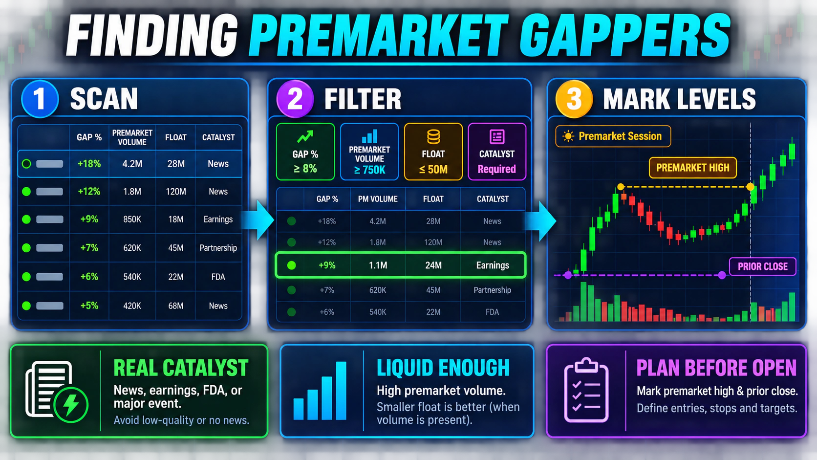 Finding Premarket Gappers educational trading infographic with annotated charts, confirmation signals, and key risk controls