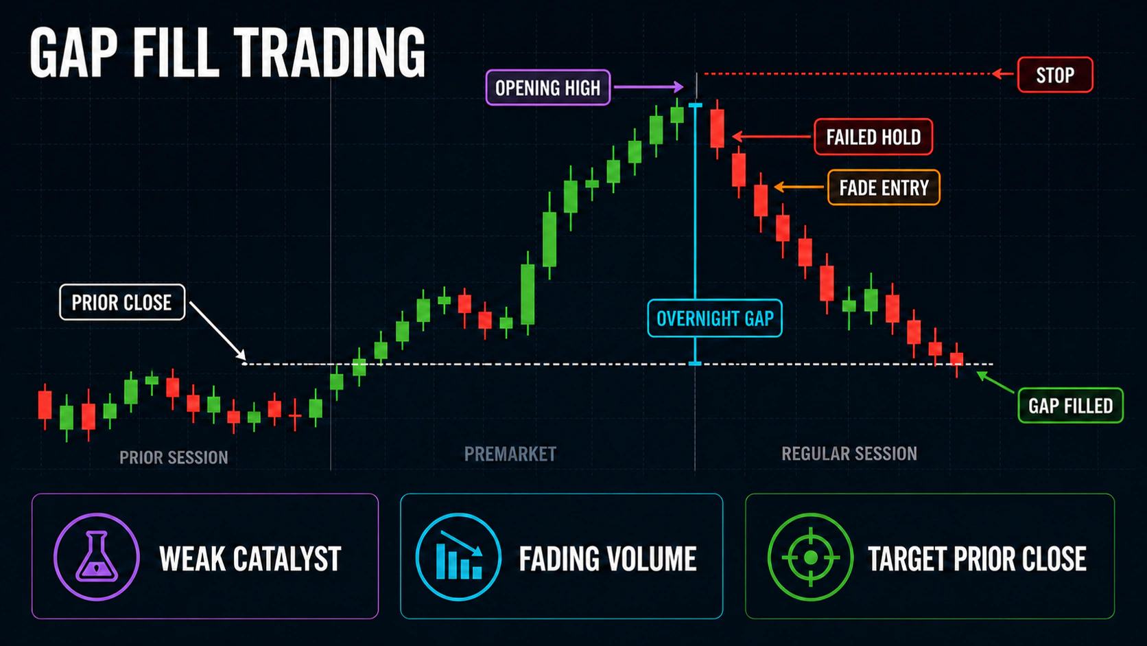 Gap Fill Trading educational trading infographic with annotated charts, confirmation signals, and key risk controls