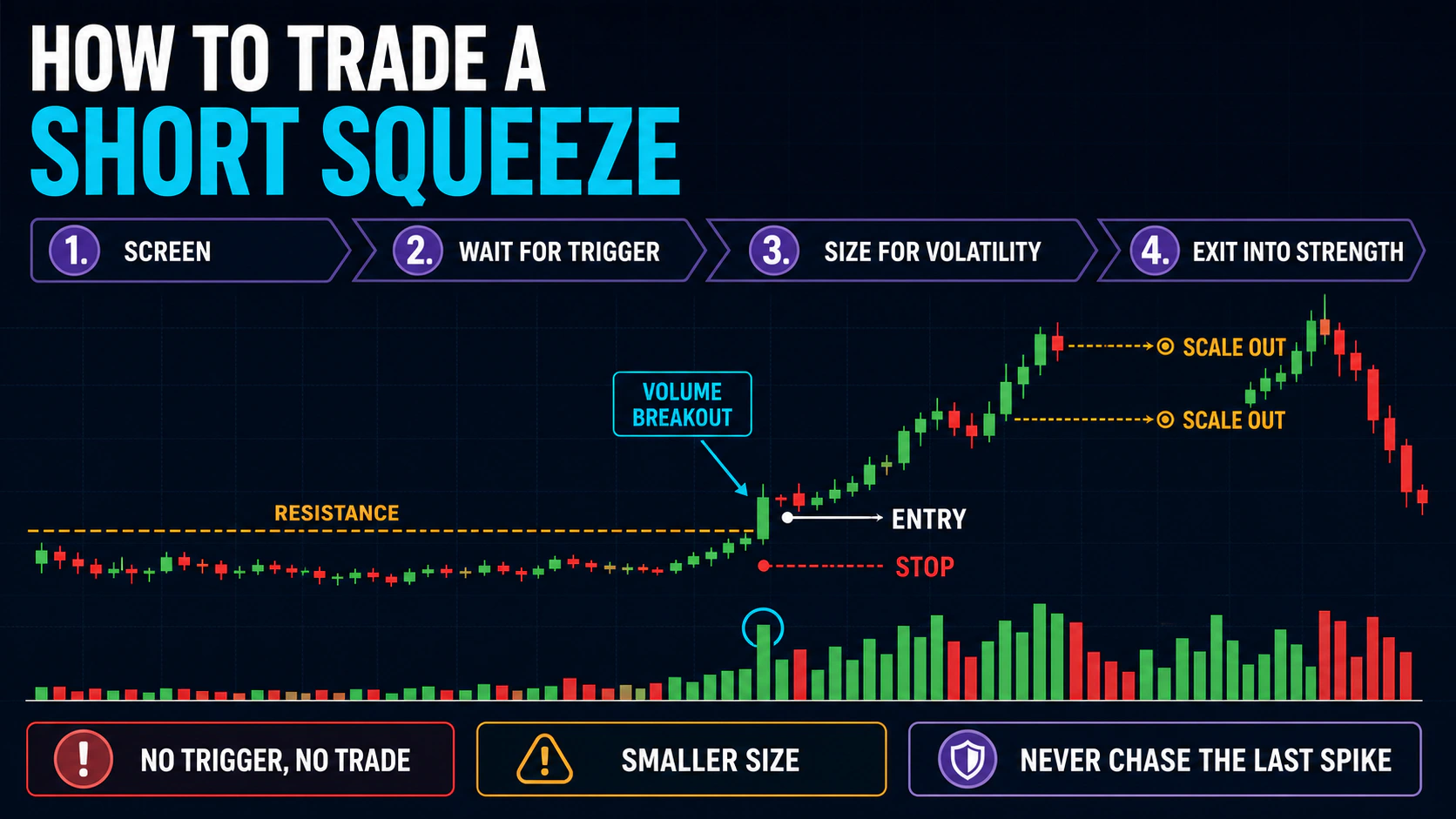 How to Trade a Short Squeeze educational trading infographic with annotated charts, confirmation signals, and key risk controls