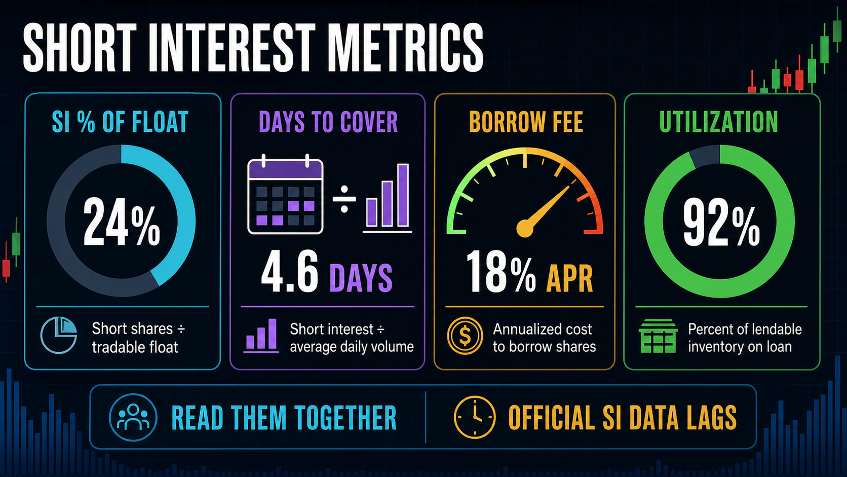 Short Interest Metrics educational trading infographic with annotated charts, confirmation signals, and key risk controls