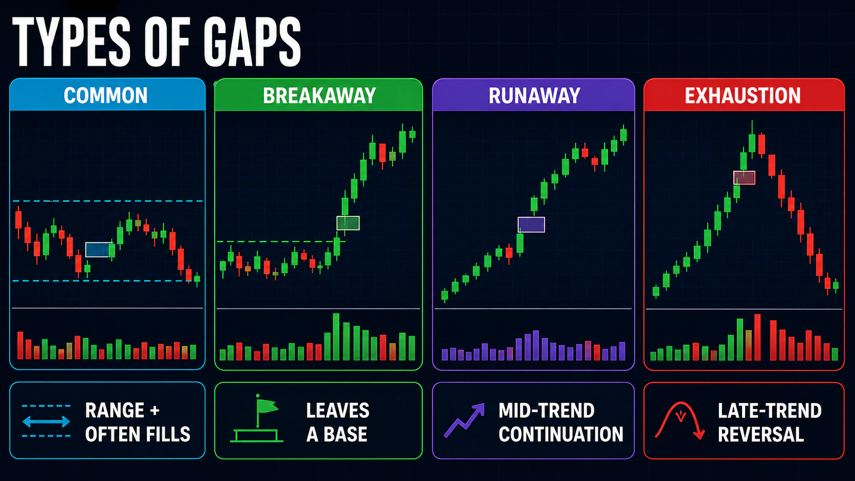 Types of Gaps in Trading educational trading infographic with annotated charts, confirmation signals, and key risk controls