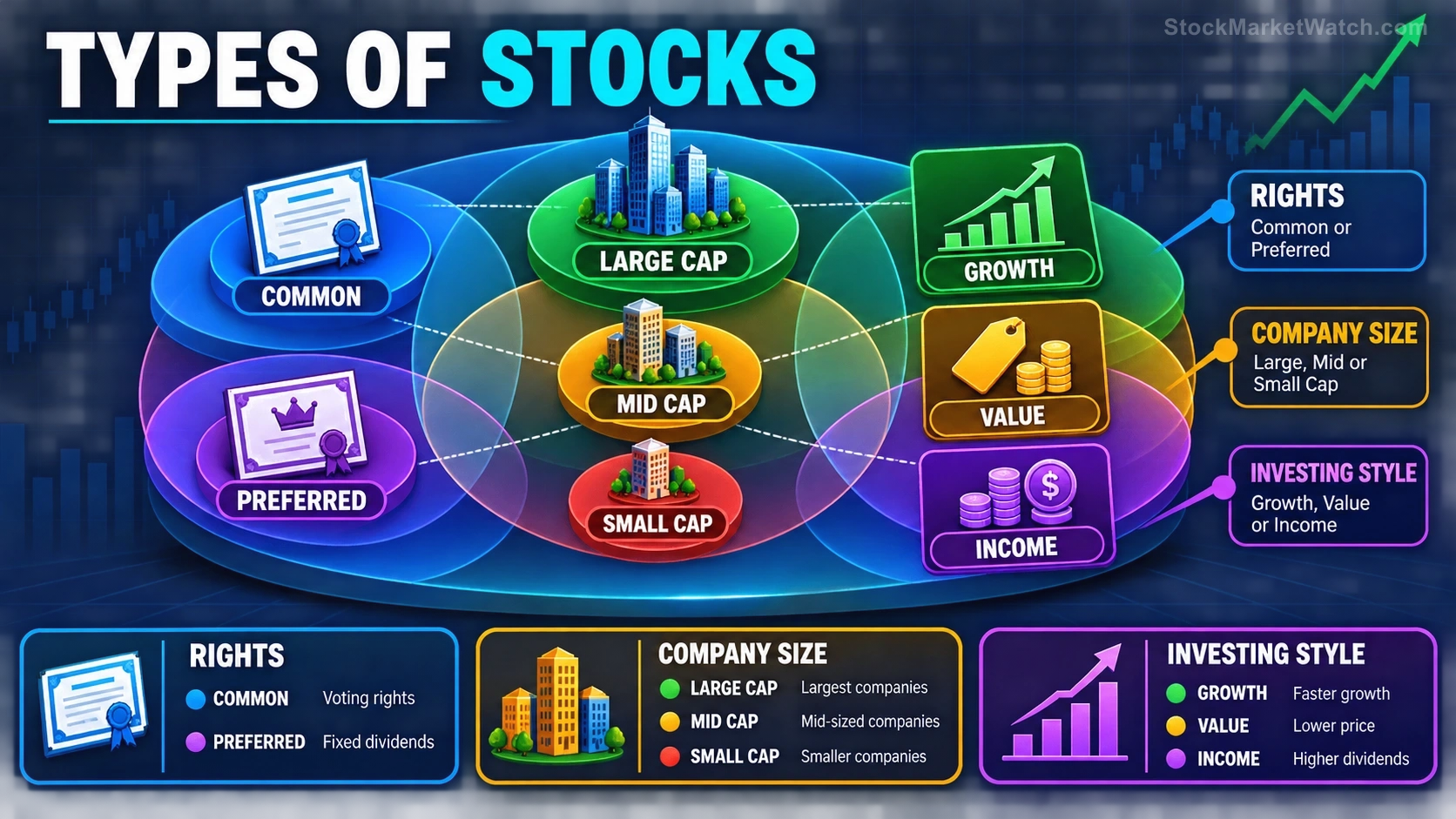 Types of Stocks investing education infographic summarizing the lesson's key concepts and practical risks