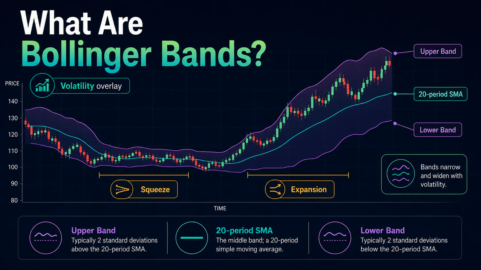 Annotated Bollinger Bands chart showing the 20-period moving average, volatility bands, a squeeze, and subsequent expansion
