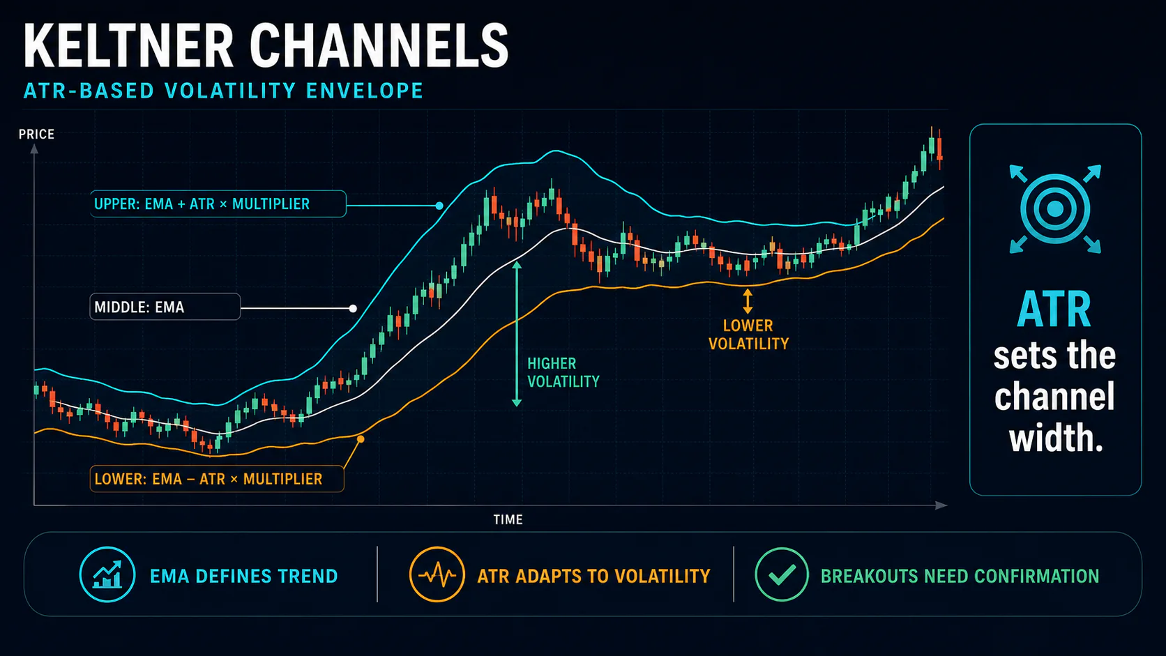Annotated Keltner Channel chart showing an EMA centerline and ATR-based upper and lower envelopes adapting to volatility