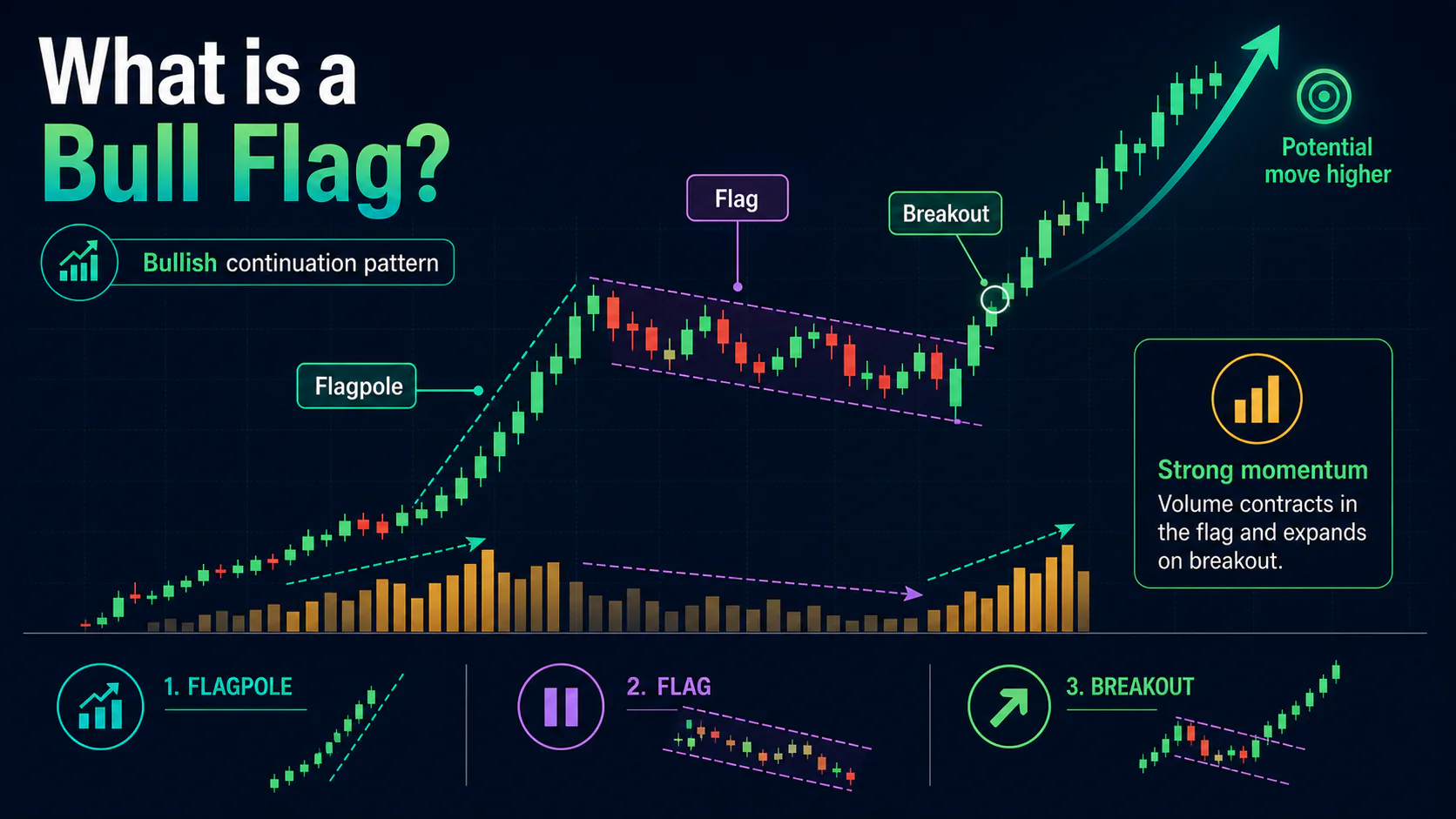 Annotated bull flag chart showing the flagpole, downward-sloping flag, volume contraction, and bullish breakout