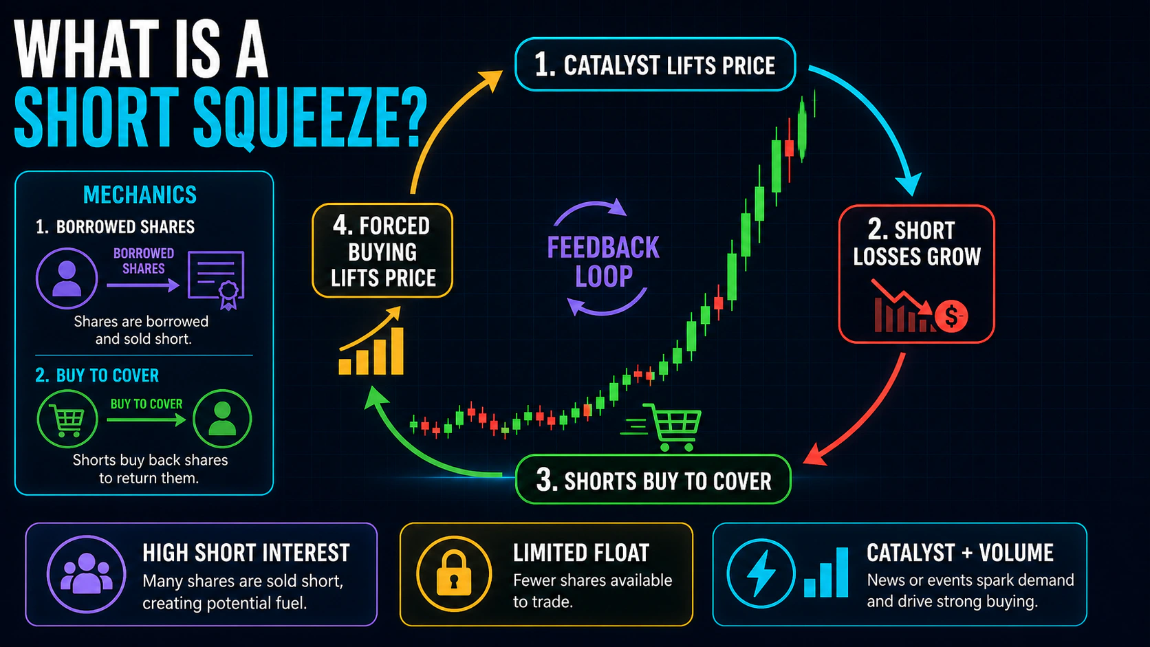 What Is a Short Squeeze? educational trading infographic with annotated charts, confirmation signals, and key risk controls