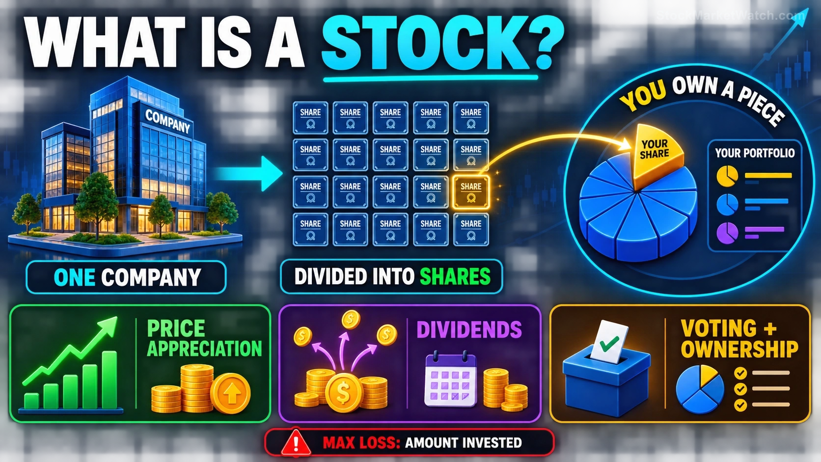What Is a Stock? investing education infographic summarizing the lesson's key concepts and practical risks