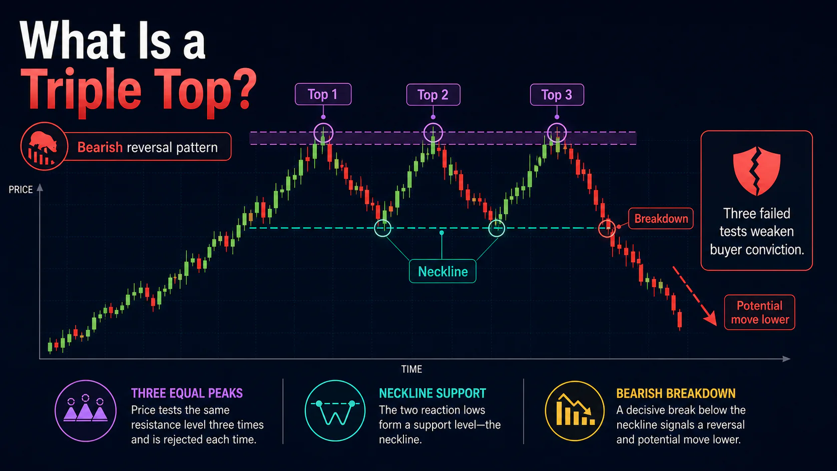 Annotated triple top chart showing three equal resistance tests, the neckline, and a bearish breakdown