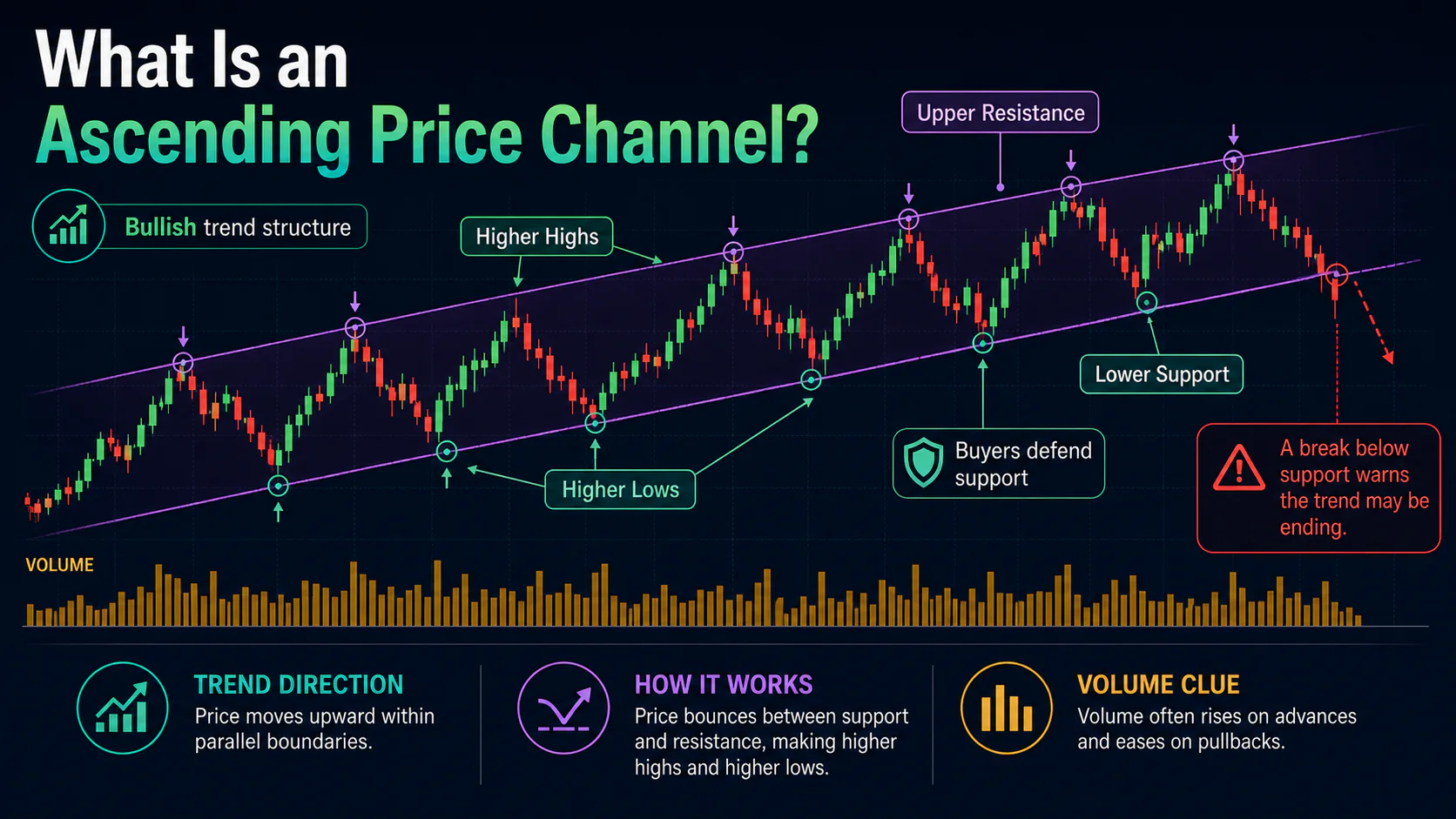 Annotated ascending price channel showing parallel rising boundaries, higher highs, higher lows, and repeated support bounces