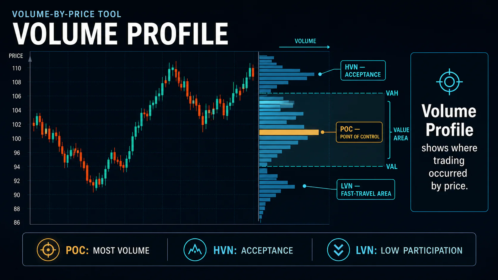 Annotated Volume Profile chart with horizontal volume-by-price bars, point of control, value area, VAH, VAL, HVN, and LVN