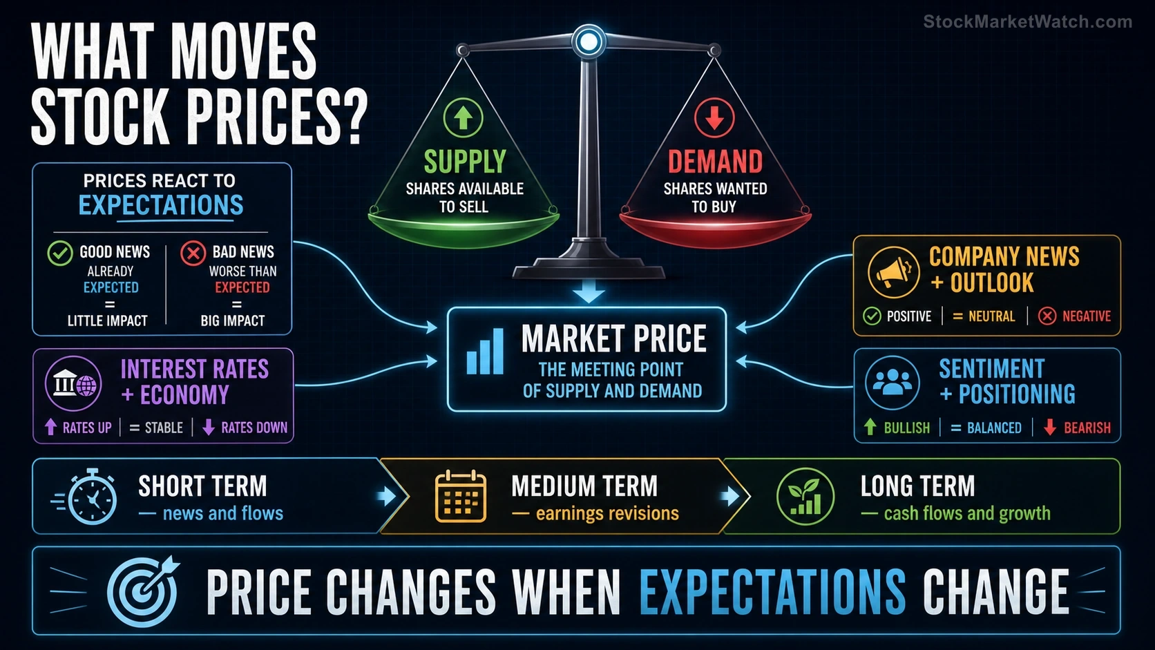 What Moves Stock Prices investing education infographic summarizing the lesson's key concepts and practical risks